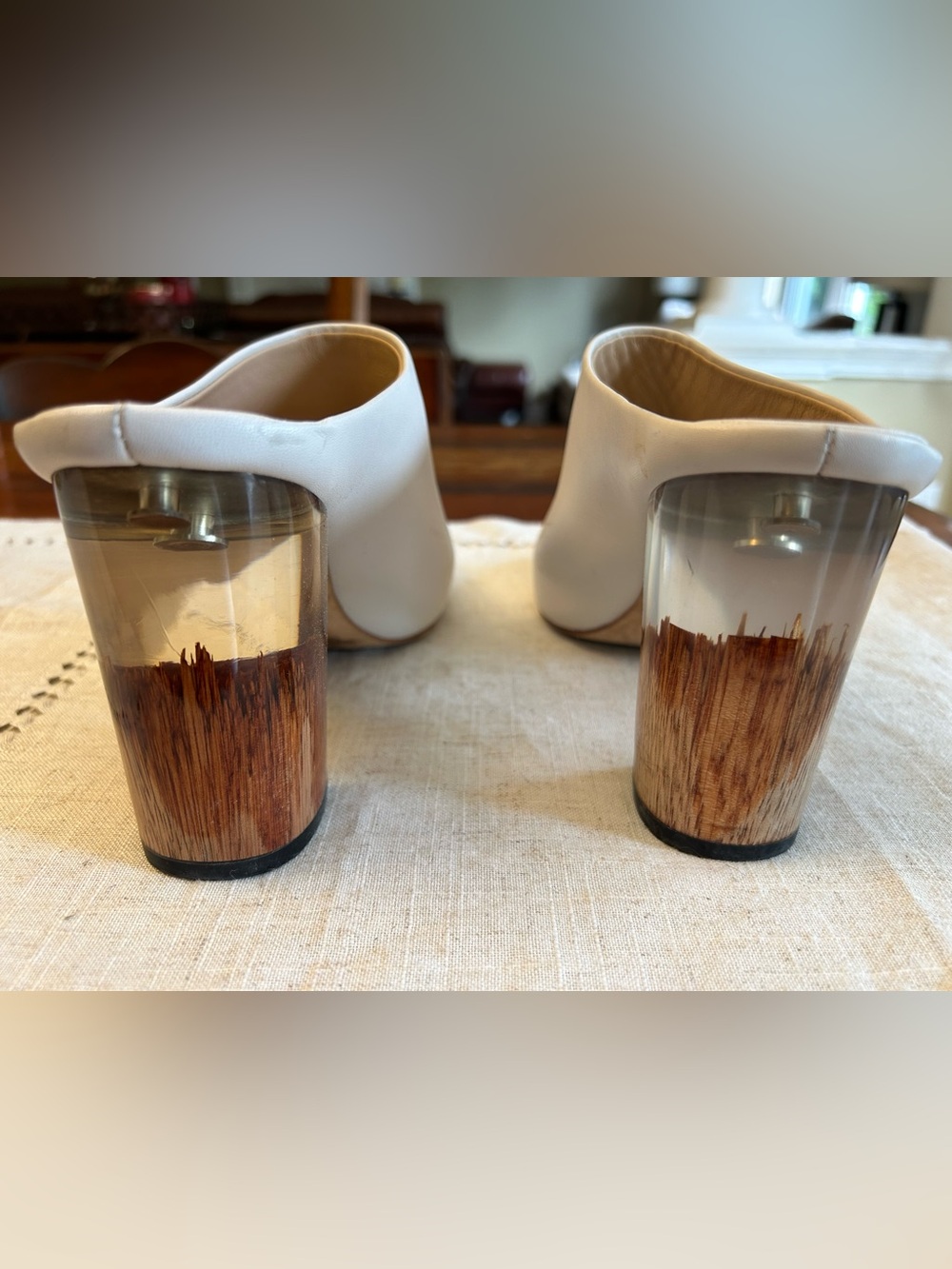 Leather White Mule Heels with Acrylic Block Heel Design - Picture 7 of 7